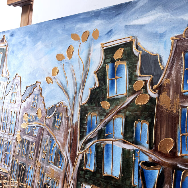 Schilderij- 120x150cm - Rick Triest - Amsterdam Prinsengracht - Blue & Gold #31