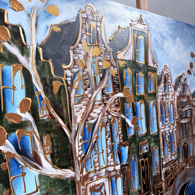 Schilderij- 120x150cm - Rick Triest - Amsterdam Prinsengracht - Blue & Gold #31