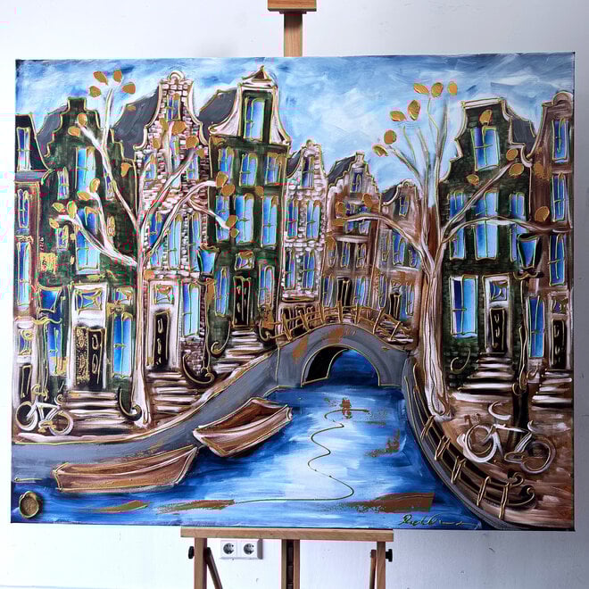 Schilderij- 120x150cm - Amsterdam Prinsengracht - Blue & Gold #31