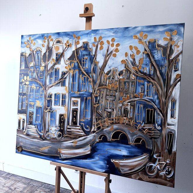 Schilderij- 120x150cm - Rick Triest - Amsterdam Prinsengracht - Blue & Gold #32