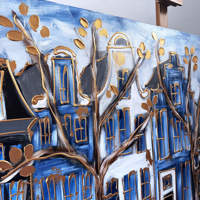 Schilderij- 120x150cm - Rick Triest - Amsterdam Prinsengracht - Blue & Gold #32
