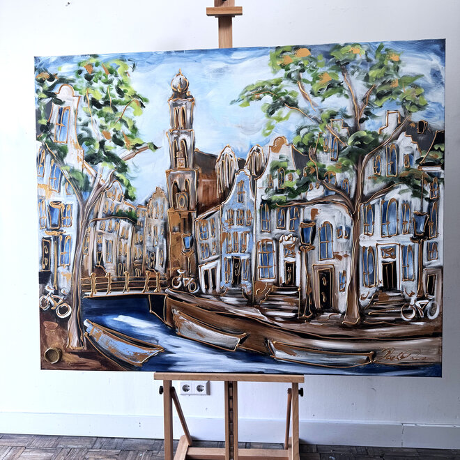 Schilderij- 120x150cm - Rick Triest - Amsterdam Prinsengracht - Blue & Gold #33 - Westertoren