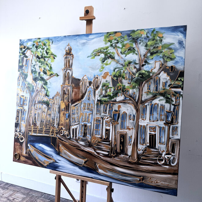 Schilderij- 120x150cm - Rick Triest - Amsterdam Prinsengracht - Blue & Gold #33 - Westertoren