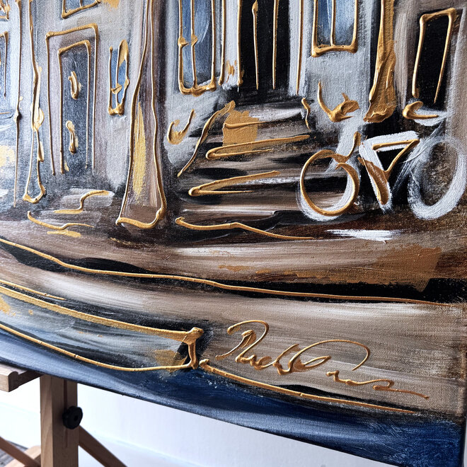 Painting- 120x150cm - Rick Triest - Amsterdam Prinsengracht - Blue & Gold #33 - Westertoren