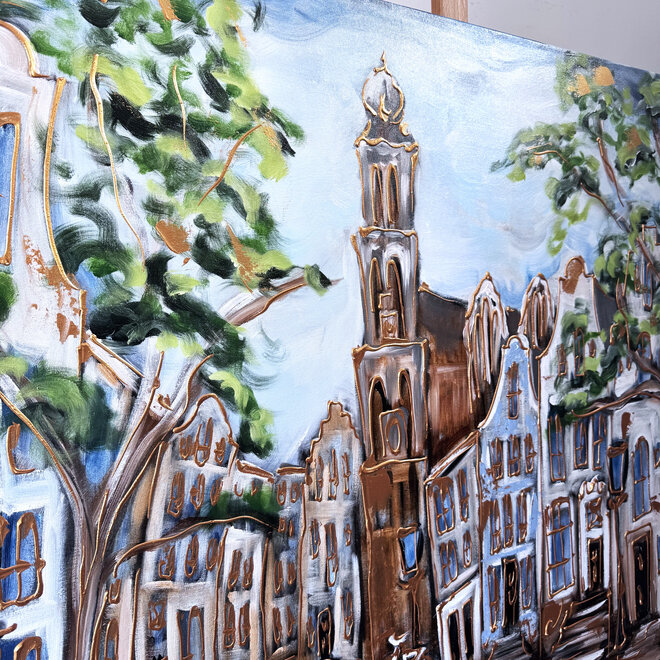 Painting- 120x150cm - Rick Triest - Amsterdam Prinsengracht - Blue & Gold #33 - Westertoren