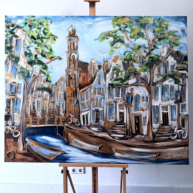 Schilderij- 120x150cm - Amsterdam Prinsengracht - Blue & Gold #33 - Westertoren
