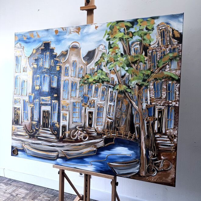 Schilderij- 120x150cm - Rick Triest - Amsterdam Prinsengracht - Blue & Gold #34