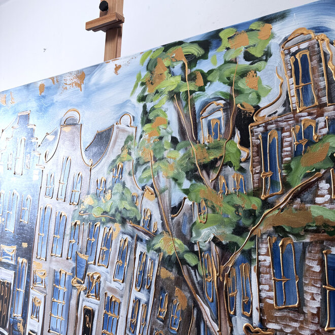 Schilderij- 120x150cm - Rick Triest - Amsterdam Prinsengracht - Blue & Gold #34