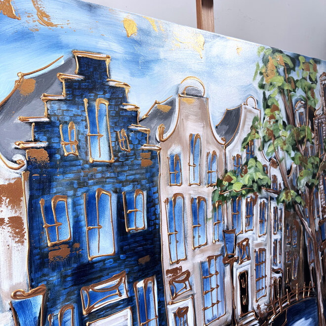 Schilderij- 120x150cm - Rick Triest - Amsterdam Prinsengracht - Blue & Gold #34