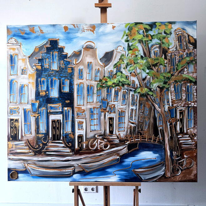 Schilderij- 120x150cm - Rick Triest - Amsterdam Prinsengracht - Blue & Gold #34