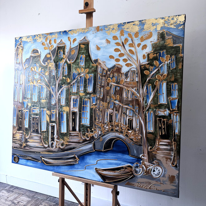 Schilderij- 120x150cm - Rick Triest - Amsterdam Prinsengracht - Blue & Gold #35