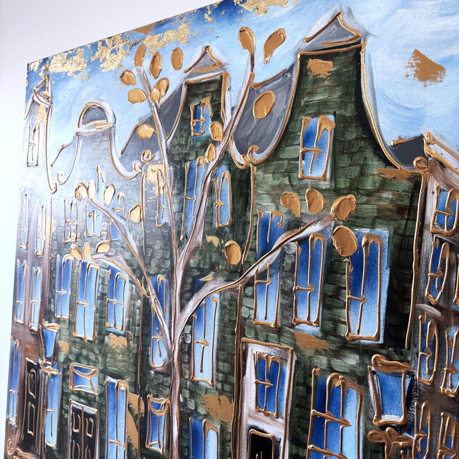 Schilderij- 120x150cm - Rick Triest - Amsterdam Prinsengracht - Blue & Gold #35