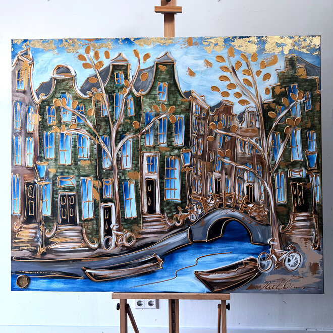 Schilderij- 120x150cm - Rick Triest - Amsterdam Prinsengracht - Blue & Gold #35