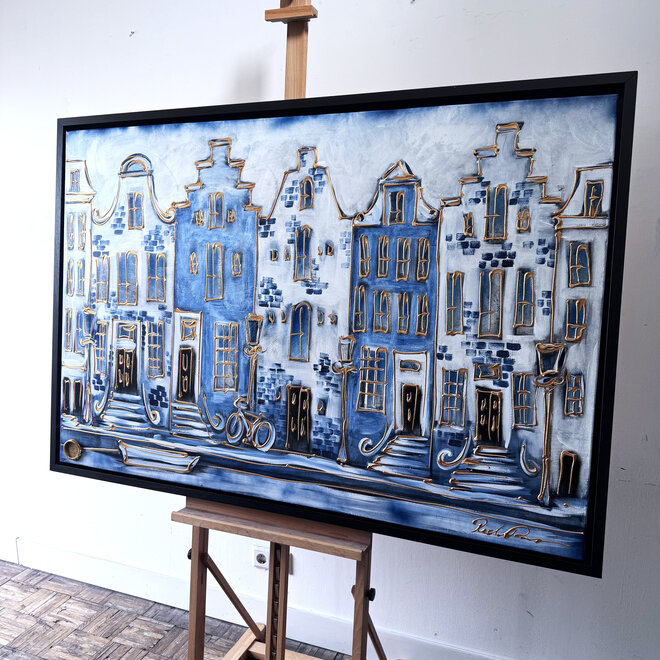 Schilderij- 100x150cm - Rick Triest - Amsterdam Herengracht -Blue & Gold  -Delftblauw