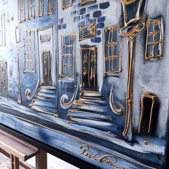 Schilderij- 100x150cm - Rick Triest - Amsterdam Herengracht -Blue & Gold  -Delftblauw