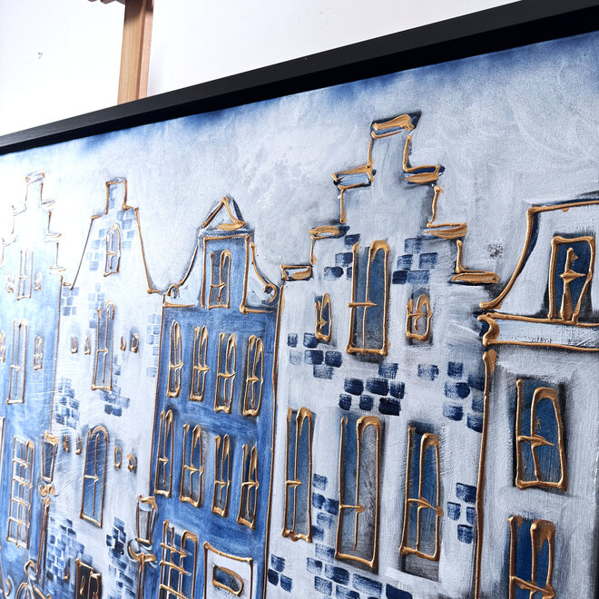 Schilderij- 100x150cm - Rick Triest - Amsterdam Herengracht -Blue & Gold  -Delftblauw