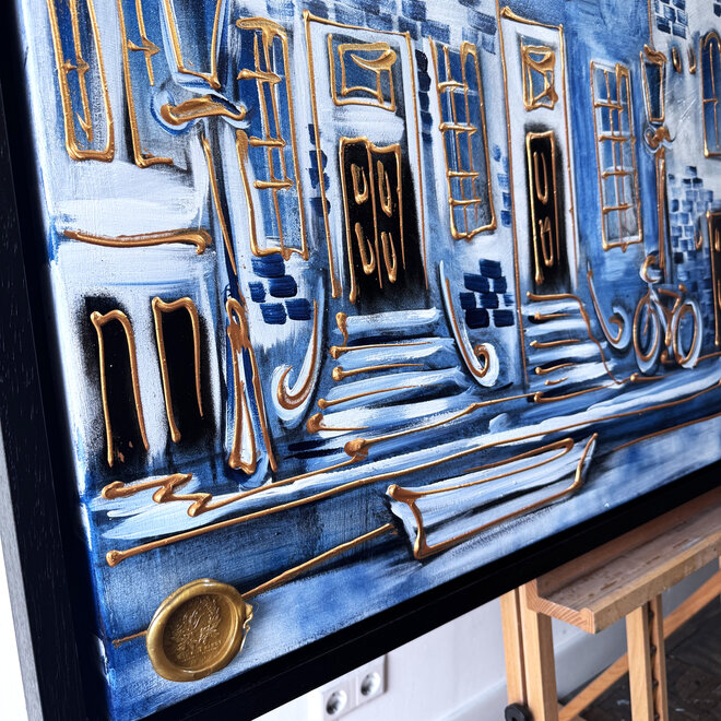 Schilderij- 100x150cm - Rick Triest - Amsterdam Herengracht -Blue & Gold  -Delftblauw