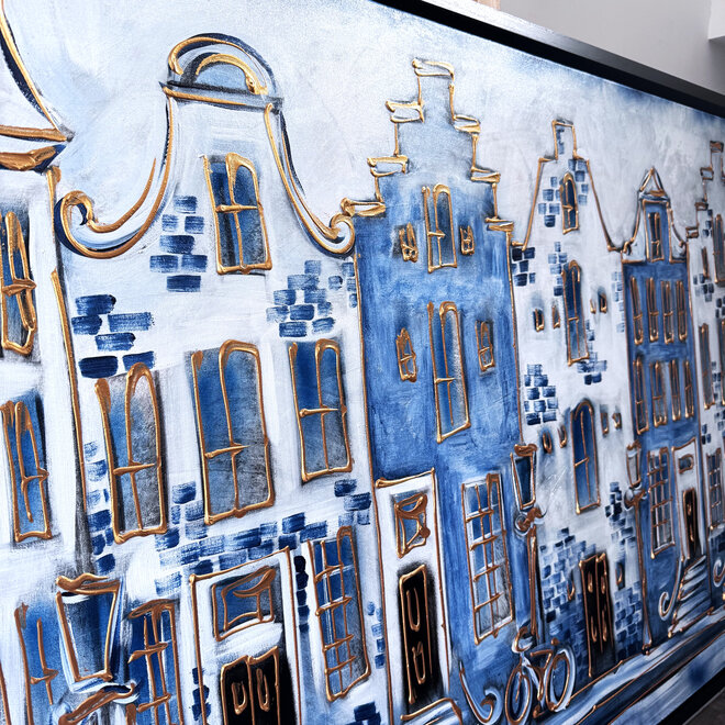 Schilderij- 100x150cm - Rick Triest - Amsterdam Herengracht -Blue & Gold  -Delftblauw