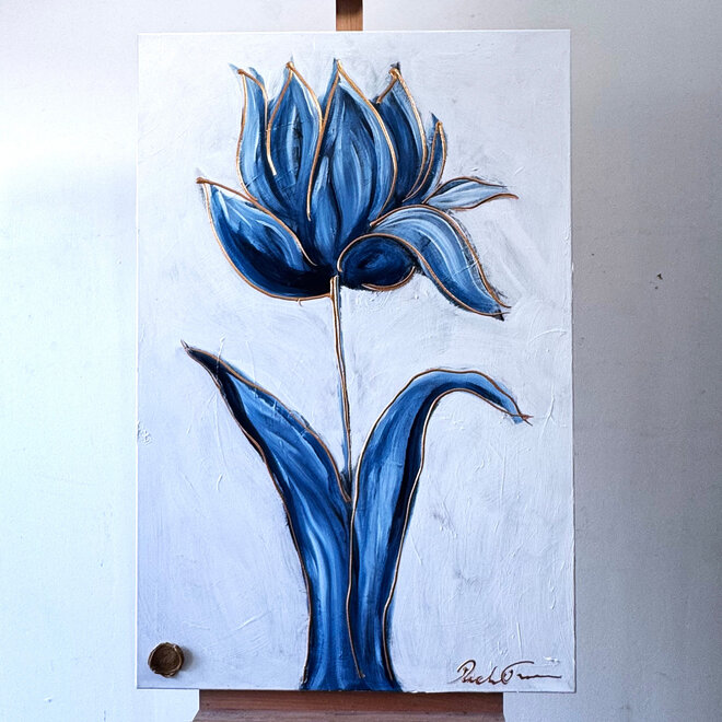 Schilderij - 80x120 cm - Rick Triest -  XL delft tulp - Blue and gold - 4,5cm dik