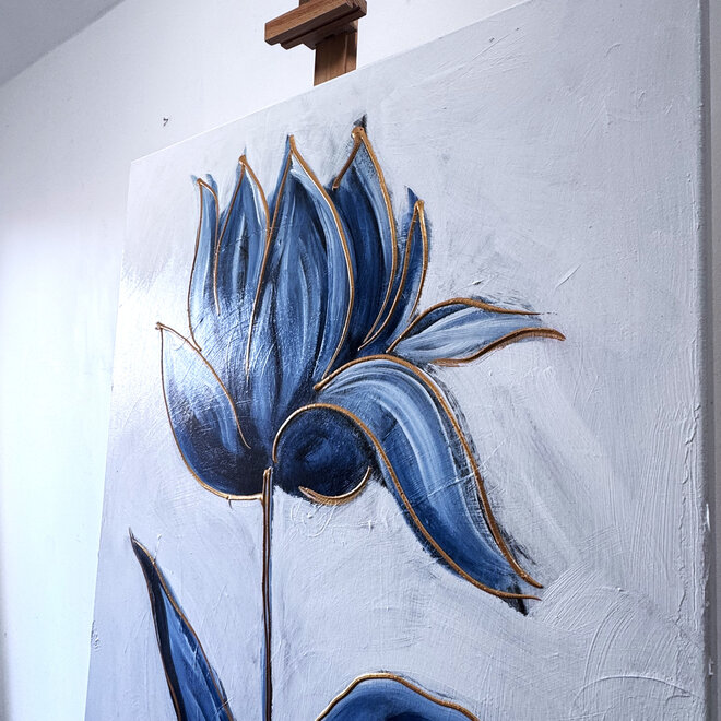Painting  - 80x120 cm - Rick Triest -  XL delft tulp - Blue and gold - 4,5cm dik