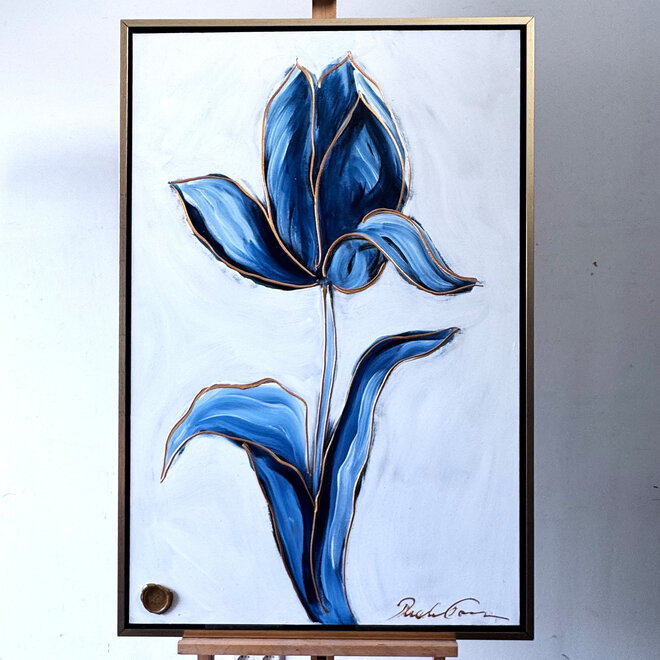 Schilderij - 80x120x2 cm - Rick Triest -  XL delft tulp - Blue and gold - #1