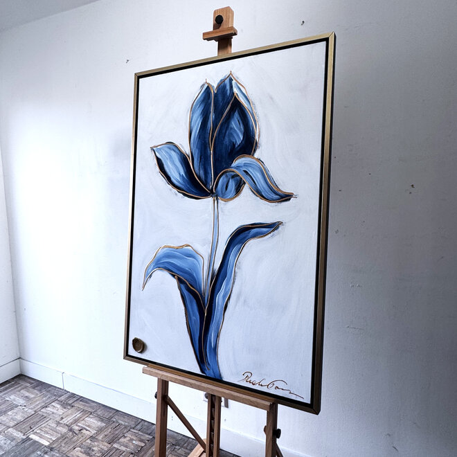 Schilderij - 80x120x2 cm - Rick Triest -  XL delft tulp - Blue and gold - #1