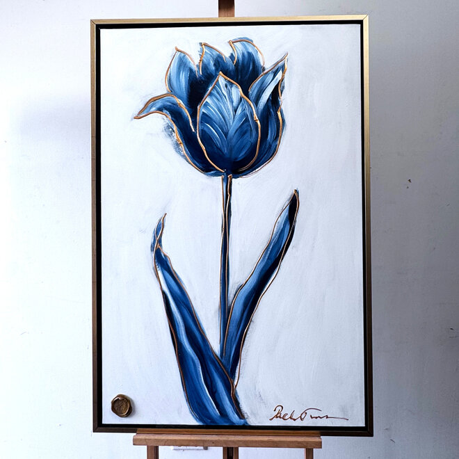 Schilderij - 80x120x2 cm - Rick Triest -  XL delft tulp - Blue and gold - #2