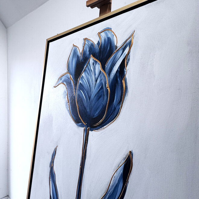 Schilderij - 80x120x2 cm - Rick Triest -  XL delft tulp - Blue and gold - #2