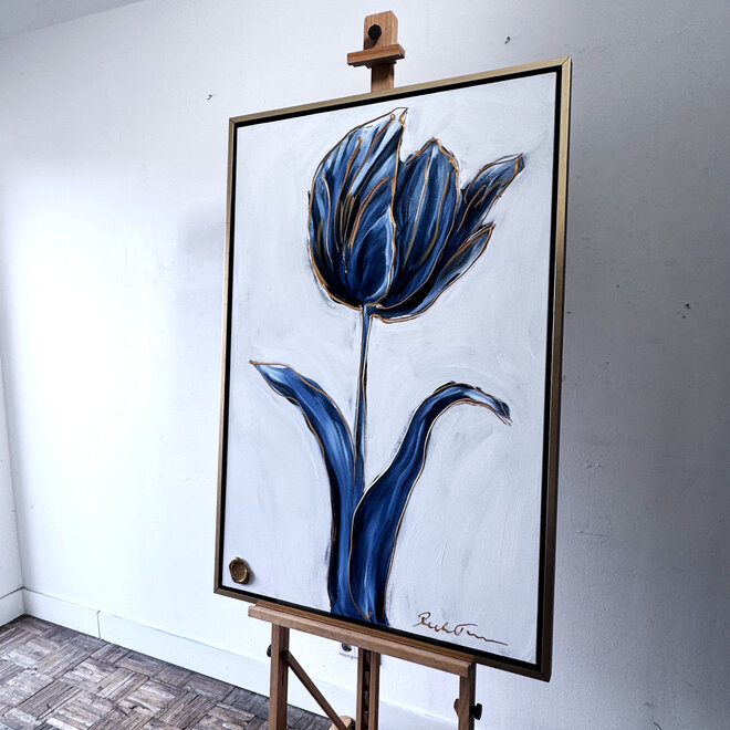 Schilderij - 80x120x2 cm - Rick Triest -  XL delft tulp - Blue and gold - #3