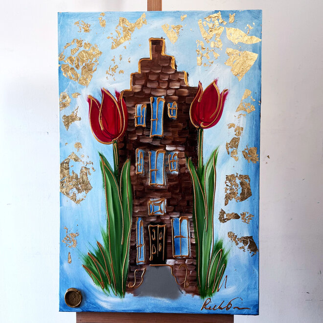 Schilderij -70x100 cm - Tulpenmanie  - Amsterdams huisje met tulpen - Rood