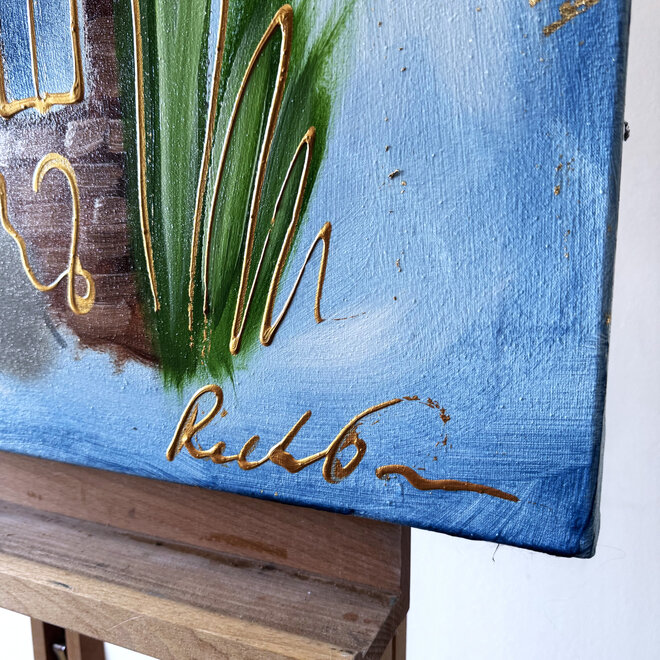 Schilderij - 70x100 cm - Rick Triest  - Amsterdams huisje met tulpen - Rood