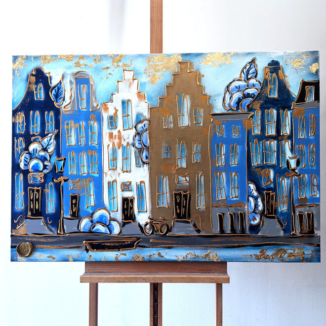 Painting- 80x120x4,5 cm - Rick Triest - Amsterdamse grachtenhuizen met Delft blauw #1