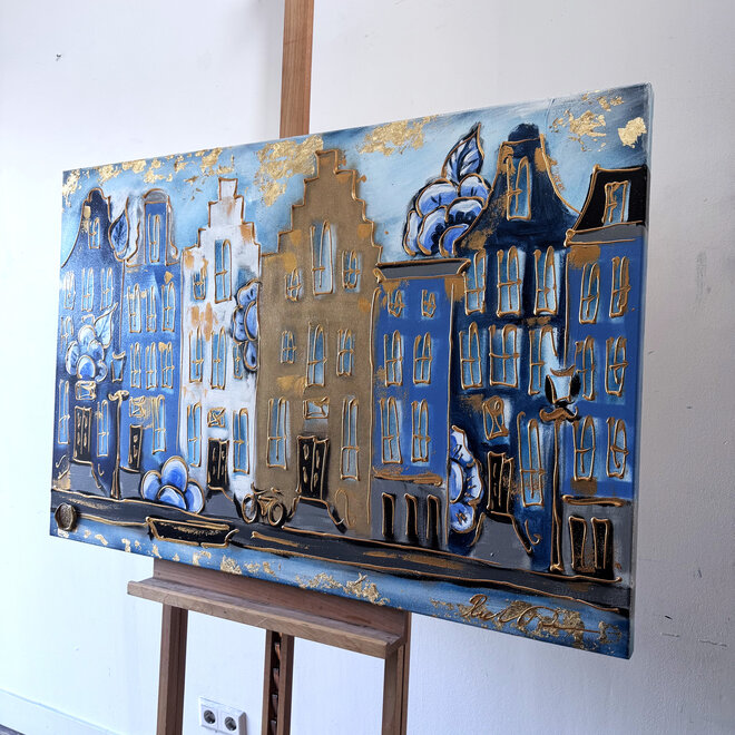 Painting- 80x120x4,5 cm - Rick Triest - Amsterdamse grachtenhuizen met Delft blauw #1