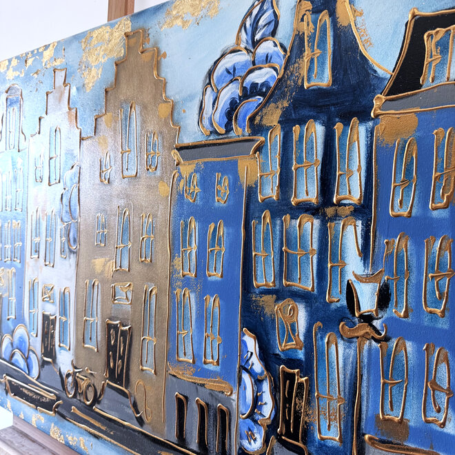 Painting- 80x120x4,5 cm - Rick Triest - Amsterdamse grachtenhuizen met Delft blauw #1