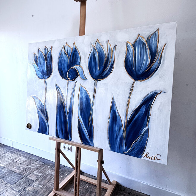 Schilderij -100x150 cm -Rick Triest - Tulpenmanie - XL delft tulp - Blue and gold - #4
