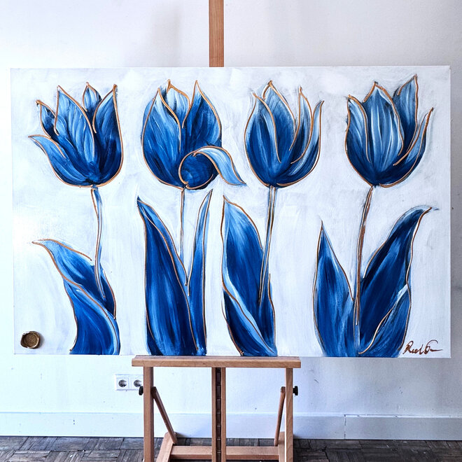 Painting  - 100x150 cm -Rick Triest - Tulp mania - XL delft tulp - Blue and gold - #4