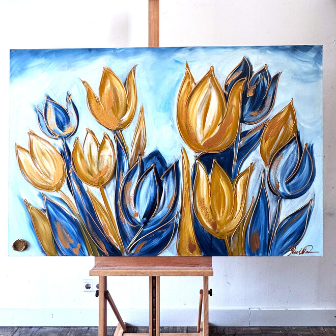 Painting  - 100x150 cm -Rick Triest - Tulp mania - XL delft tulp - Blue and gold - #5