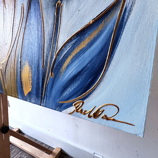 Schilderij -100x150 cm -Rick Triest - Tulpenmanie - XL delft tulp - Blue and gold - #5