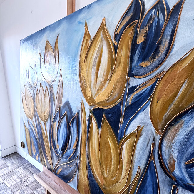 Painting  - 100x150 cm -Rick Triest - Tulp mania - XL delft tulp - Blue and gold - #5