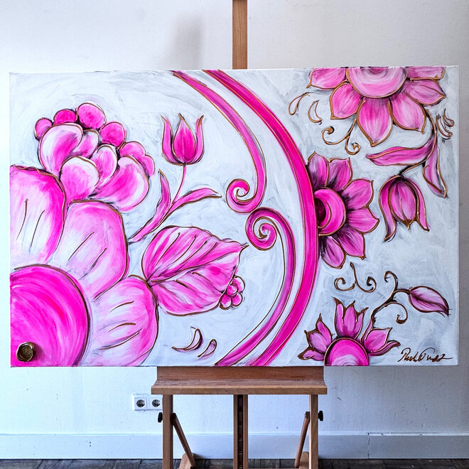 Schilderij -100x150 cm -Rick Triest - Tulpenmanie - XL delft tulp - Delft pink#1
