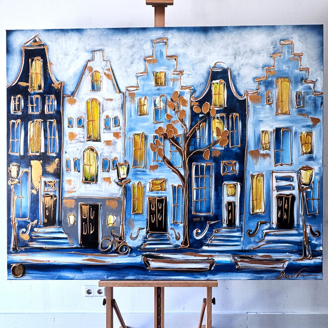 Schilderij- 120x150cm - Amsterdam Prinsengracht - Blue & Gold #36