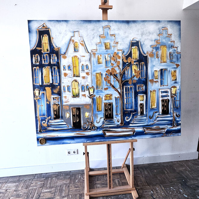 Painting- 120x150cm - Rick Triest - Amsterdam Prinsengracht - Blue & Gold #36