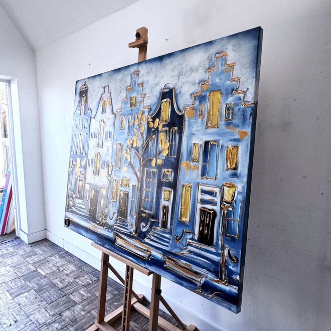 Schilderij- 120x150cm - Rick Triest - Amsterdam Prinsengracht - Blue & Gold #36