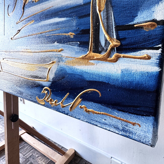 Schilderij- 120x150cm - Rick Triest - Amsterdam Prinsengracht - Blue & Gold #36