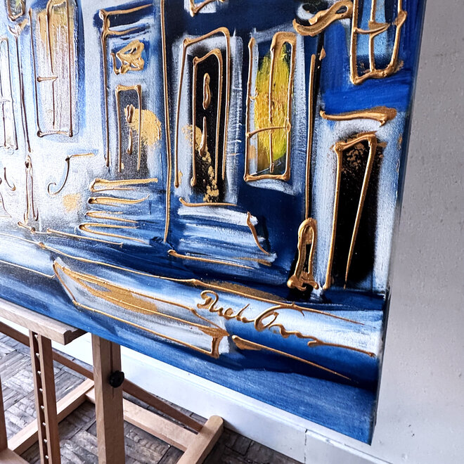 Schilderij- 120x150cm - Rick Triest - Amsterdam Prinsengracht - Blue & Gold #37