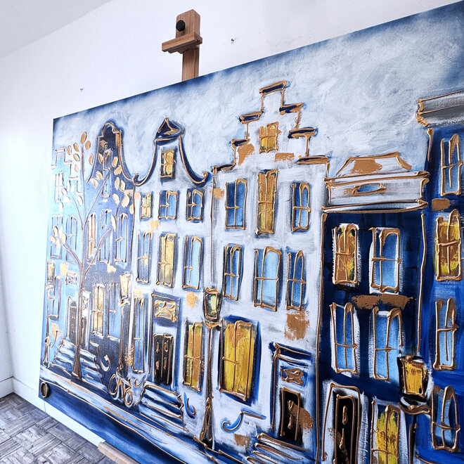 Painting- 120x150cm - Rick Triest - Amsterdam Prinsengracht - Blue & Gold #37
