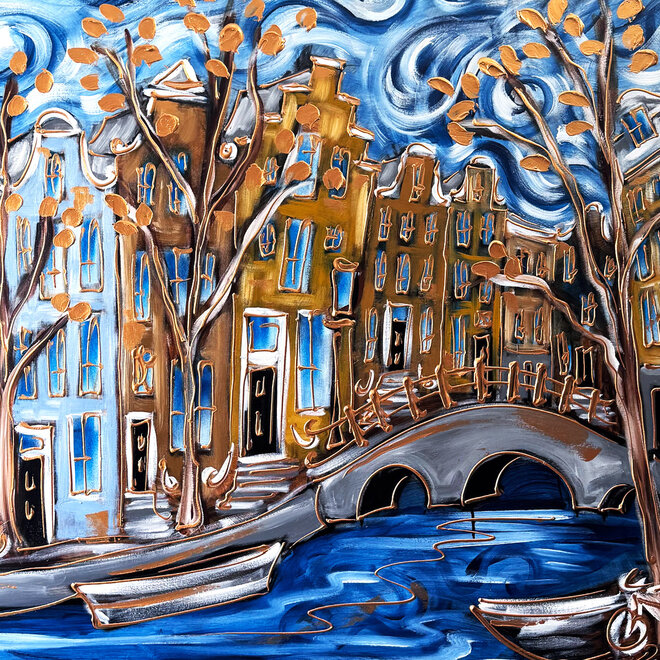 Schilderij-  120x300cm - Amsterdam Prinsengracht by night - Tweeluik