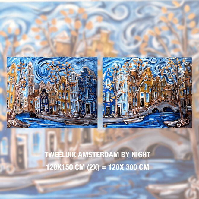 Painting-  120x300cm - Amsterdam Prinsengracht by night - Tweeluik