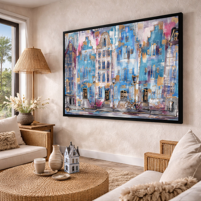 Schilderij- 100x150x4,5 cm - Rick Triest - Amsterdam Canalhouses - Gold - BOHO CHIC - Sky Blue & Gold