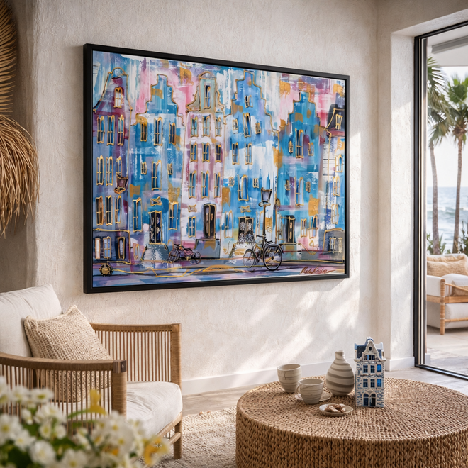 Painting- 100x150x4,5 cm - Rick Triest - Amsterdam Canalhouses - Gold - BOHO CHIC - Sky Blue & Gold